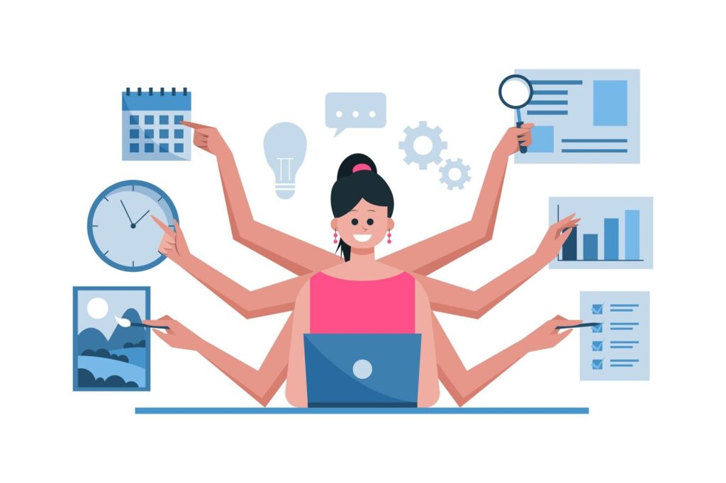 business woman doing various tasks same time 23 2148821985