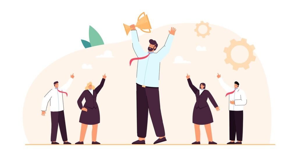 corporate business team tiny winners celebrating victory male leader holding gold cup best work happy people laughing flat vector illustration teamwork achievement celebration concept 74855 24049
