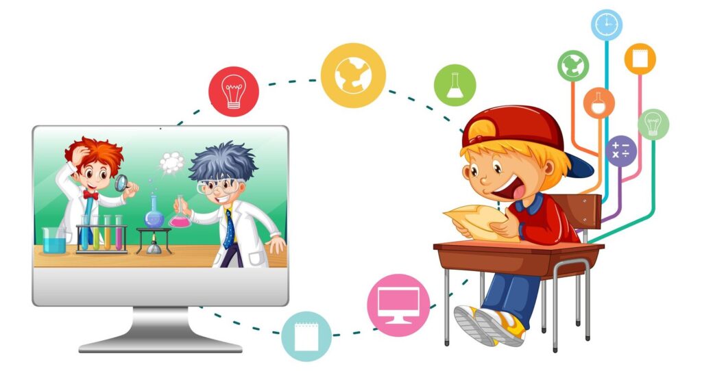 school boy with computer education icons 1308 80573